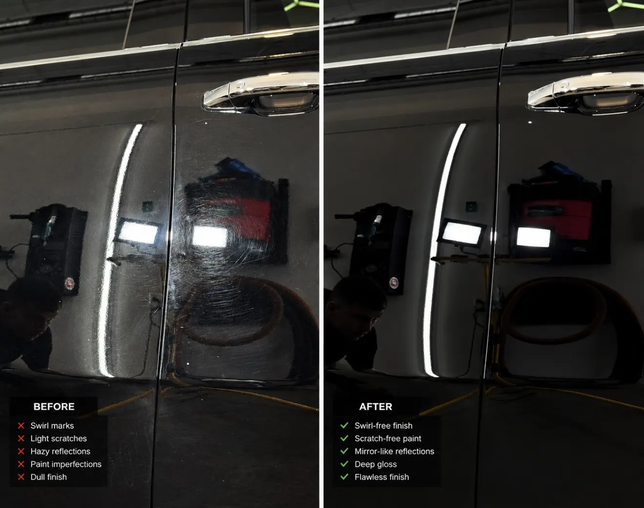 Black GMC Sierra Denali HD door before and after paint correction at Secret Touch Auto Spa Shrewsbury MA