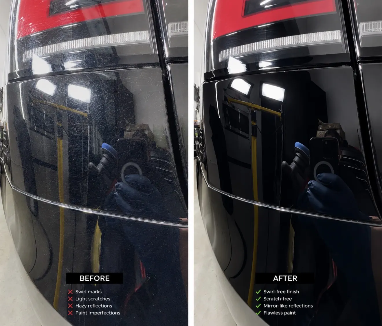 Tesla Model S Plaid black rear bumper before and after paint correction Shrewsbury MA