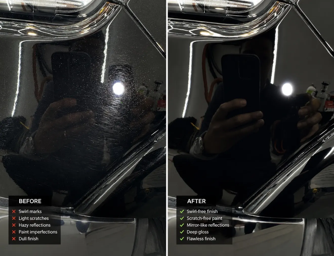 Black Ram 1500 Laramie hood before and after paint correction in Shrewsbury MA