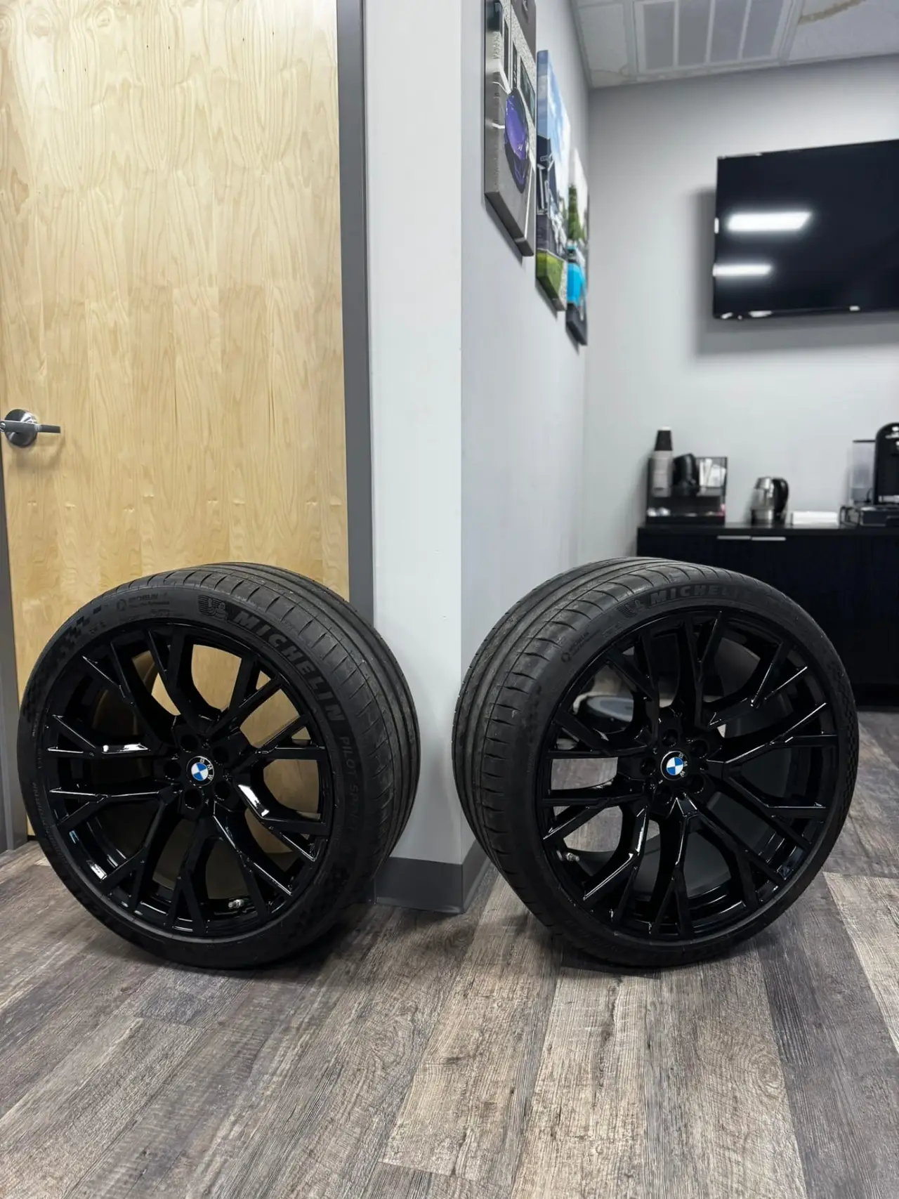 BMW gloss black powder coated wheel pair Secret Touch Auto Spa