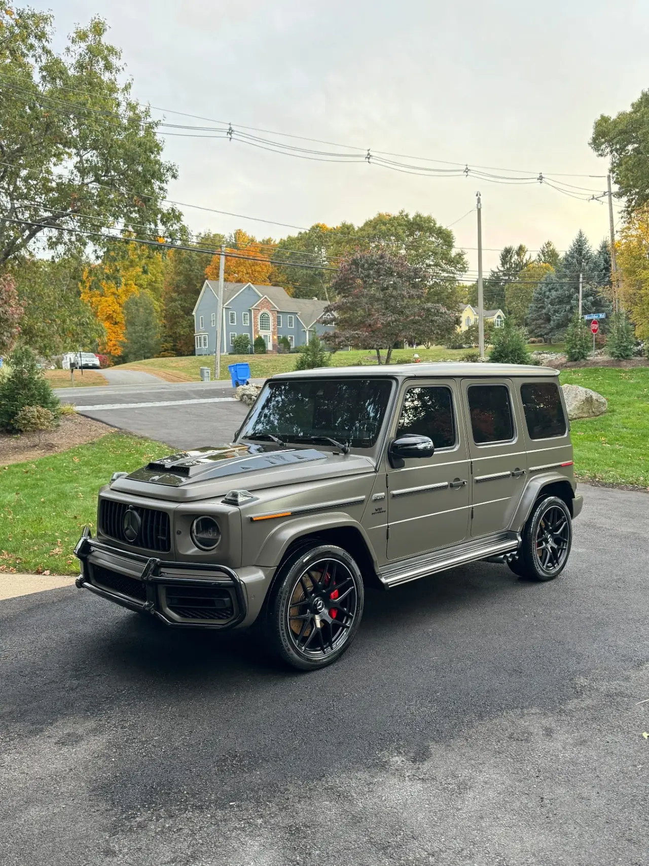 Matte gray Mercedes G63 AMG residential driveway detailing Central MA
