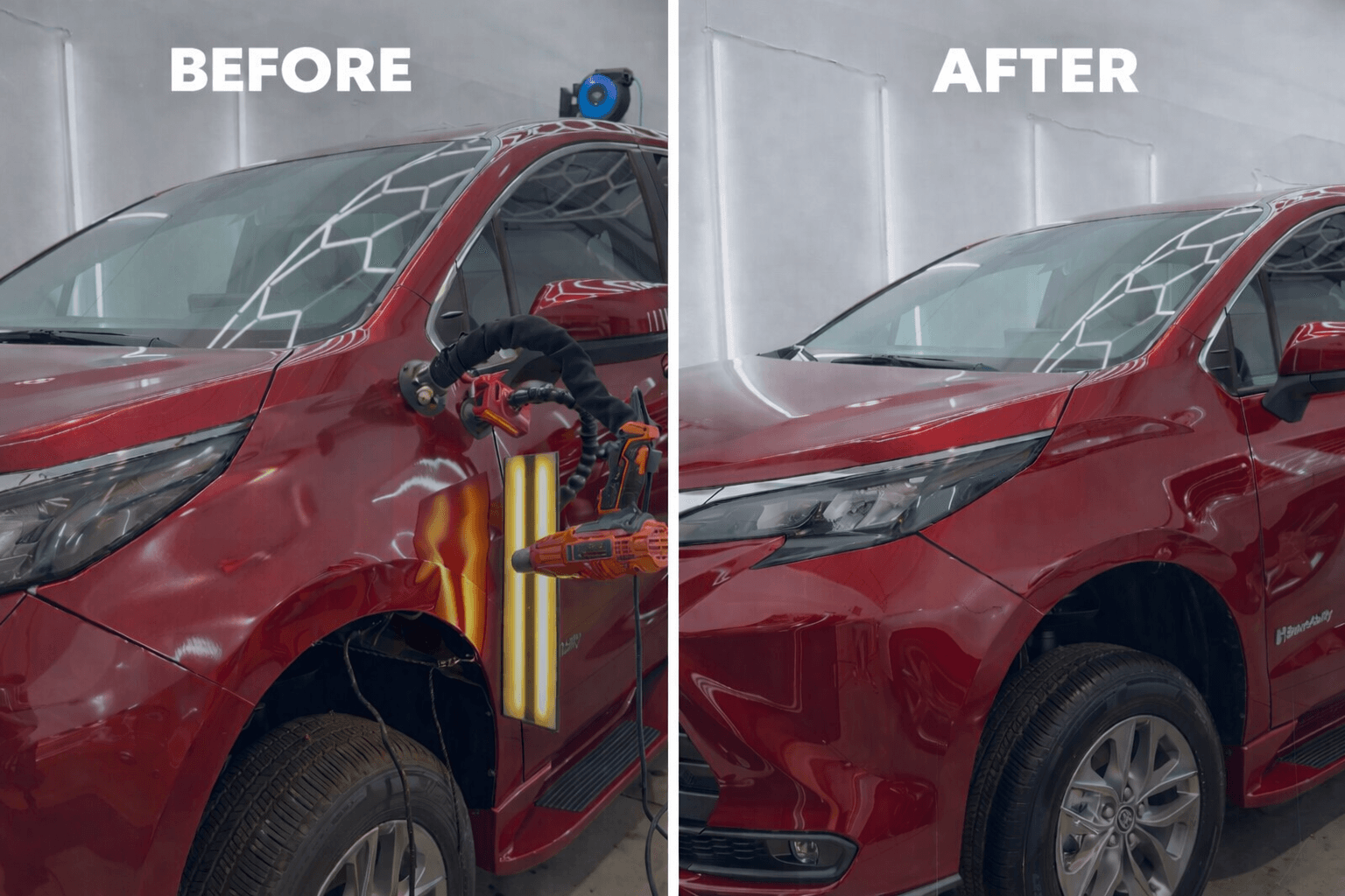 Paintless dent removal before and after on red Toyota Sienna fender dent repair Shrewsbury MA
