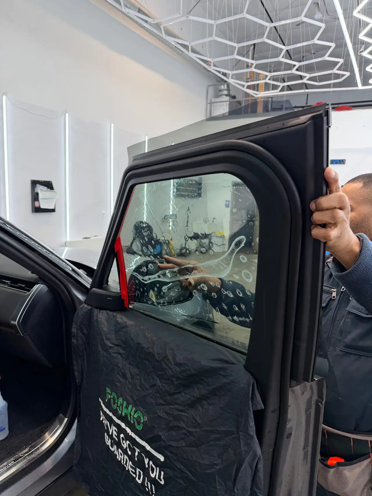 Range Rover rear door tint film application Shrewsbury MA