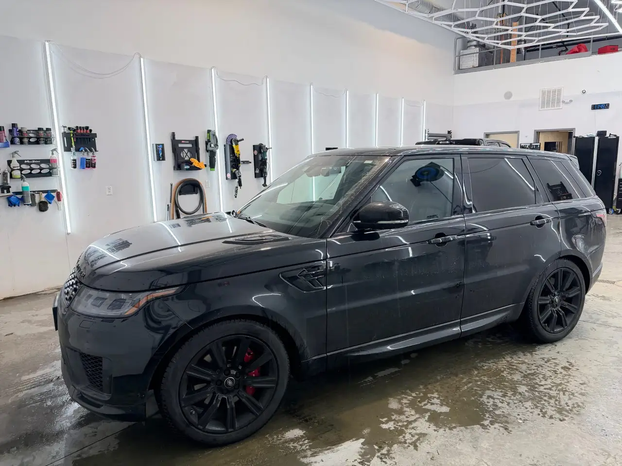 Before - Range Rover Sport SVR black exterior front before and after detailing Shrewsbury MA