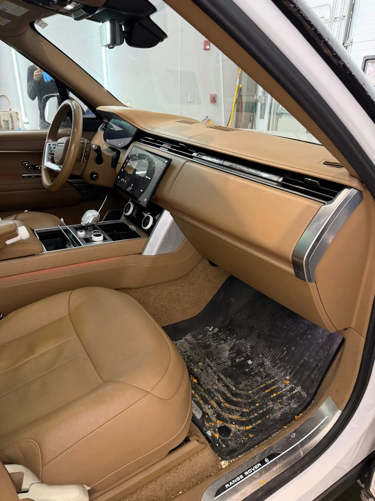 Before - Range Rover tan leather interior passenger side before and after detailing Shrewsbury MA