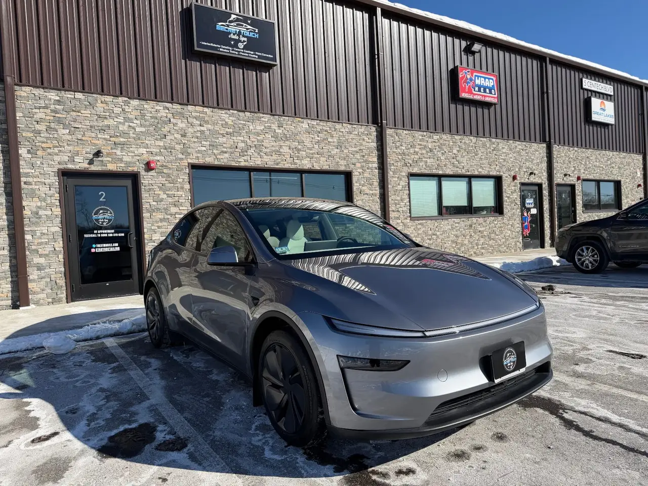 Tesla Model Y grey ceramic coating Secret Touch storefront Shrewsbury MA